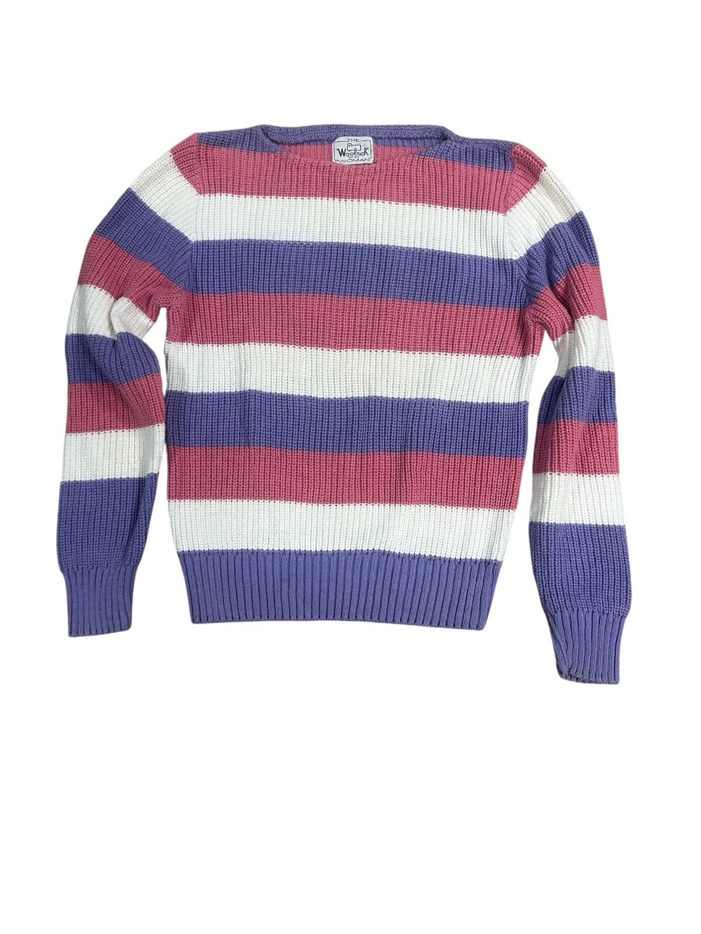 VTG Woolrich Woman Chunky Knit Stripes Sweater Sz? Pink Purple White Retro